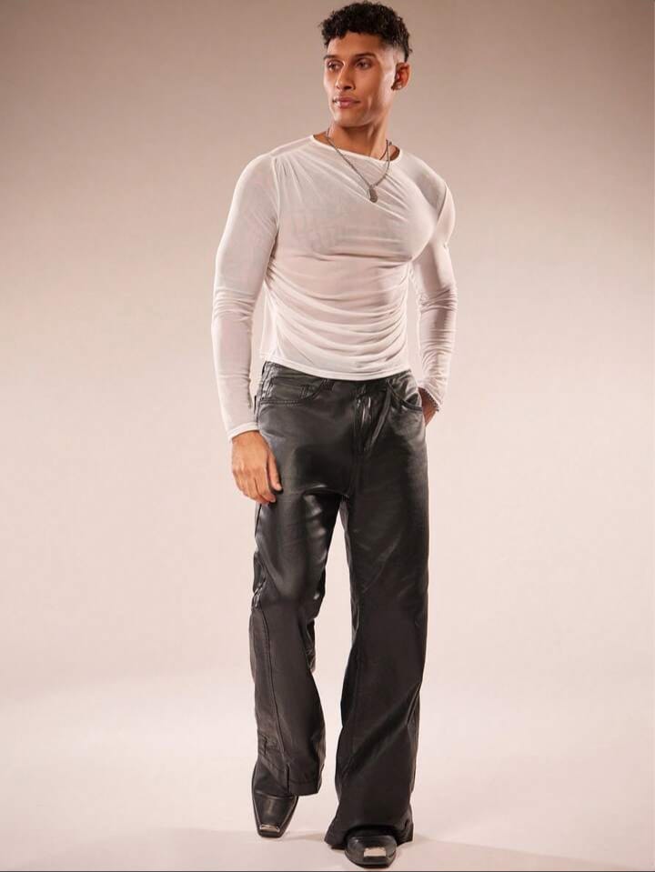 Men's Mesh Sheer Casual Asymmetrical Long Sleeve Round Neck T-Shirt